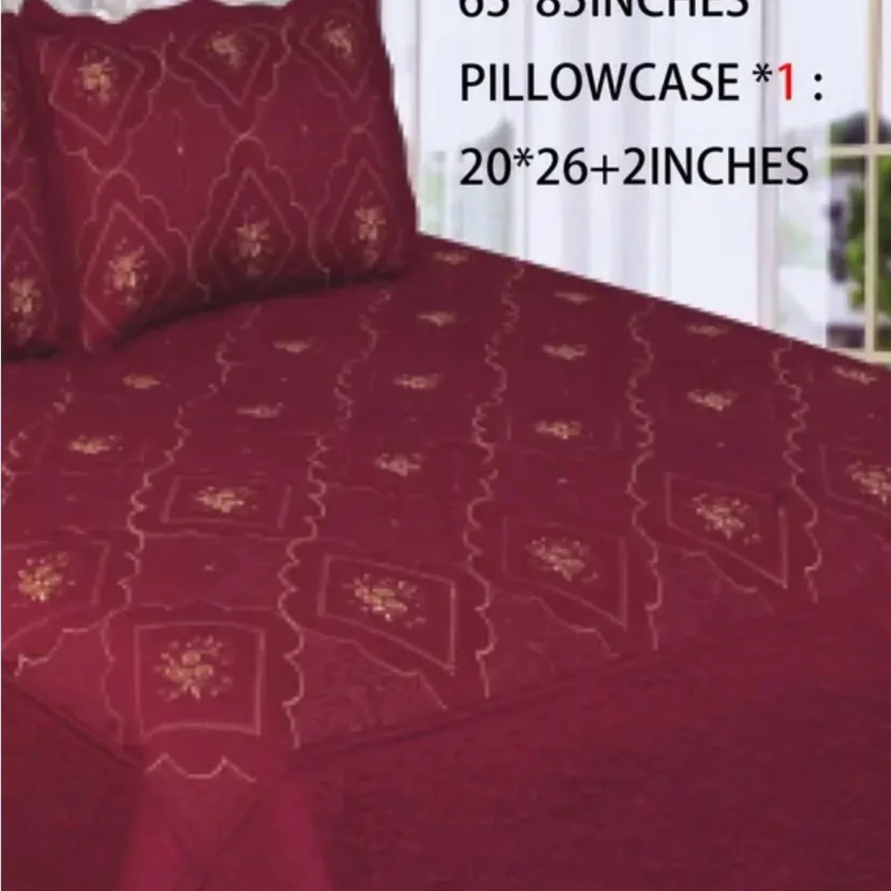 BEDDING Bedspread Burgundy w/Gold Embroidered Design w/1 Pillow cover Size Twin - Picture 2 of 4
